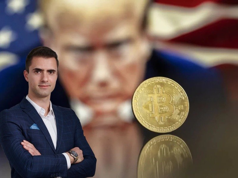 Donald Trump standing at a podium with crypto-related symbols, highlighting his actions in the crypto space.
