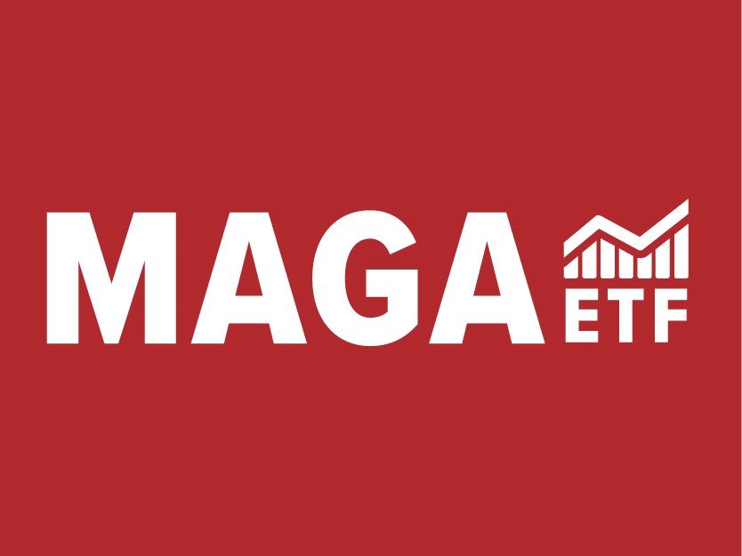 MAGA ETF concept with U.S. flag, crypto coins, and stock market chart