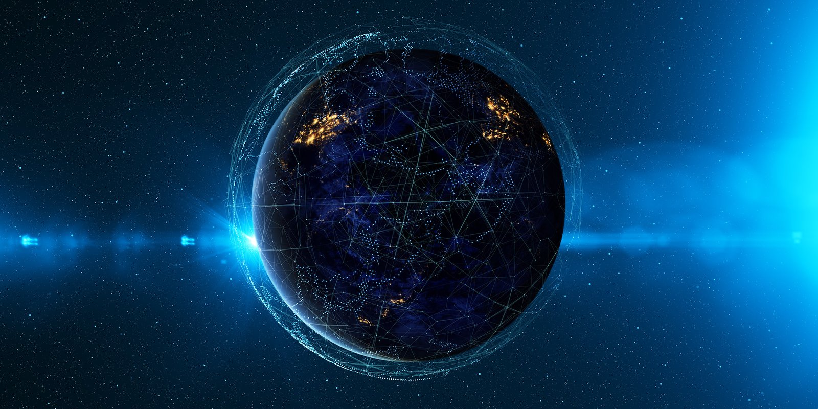 Visual representation of blockchain and satellites in Earth’s orbit