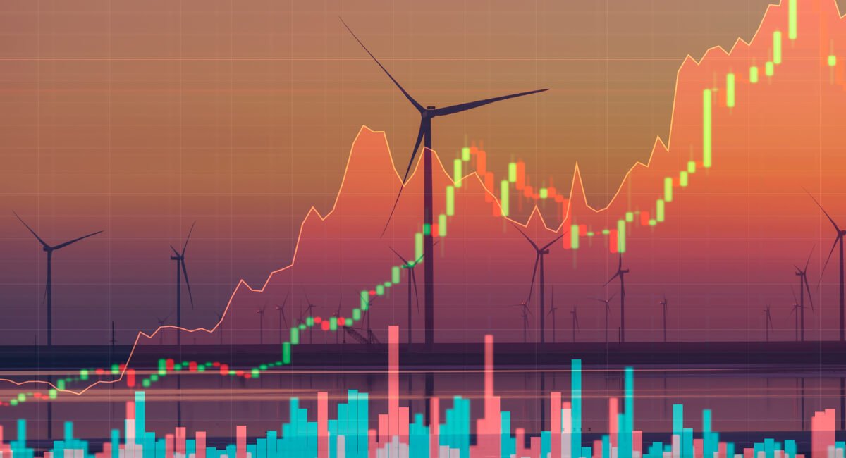 Blockchain energy trading concept with solar panels, wind turbines, and digital currency symbols