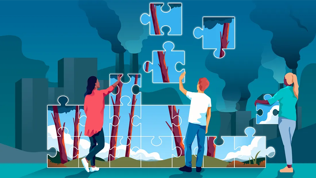 Illustration of blockchain-powered climate DAO funding green projects
