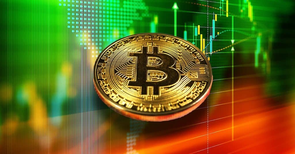 Bitcoin logo towering over smaller altcoin logos on a crypto market chart
