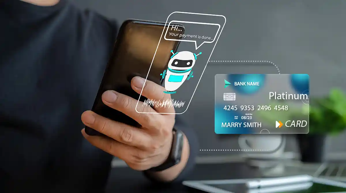 Digital wallet icons, AI interface, and crypto payment symbols merging in a futuristic graphic