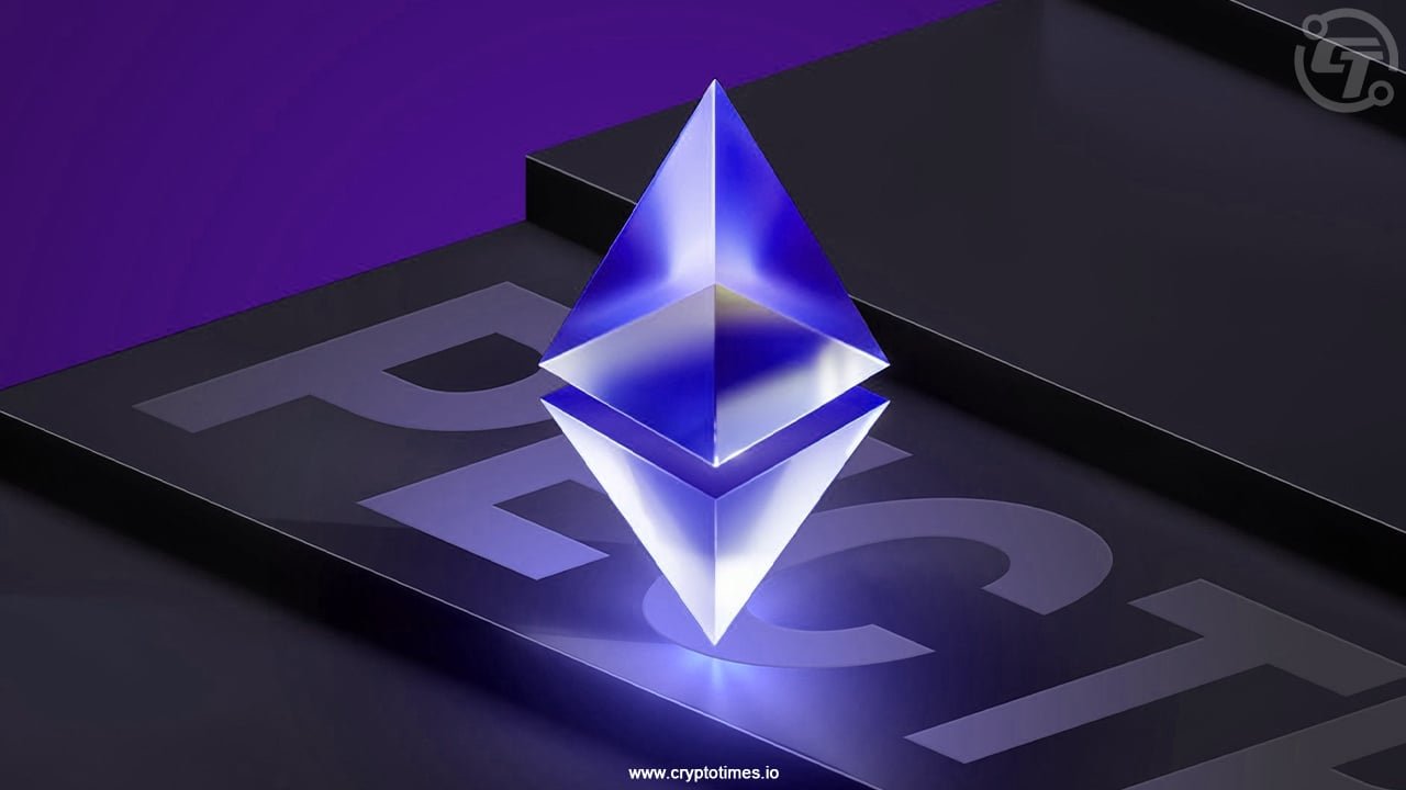 Ethereum logo with upgrade visuals and blockchain code in background