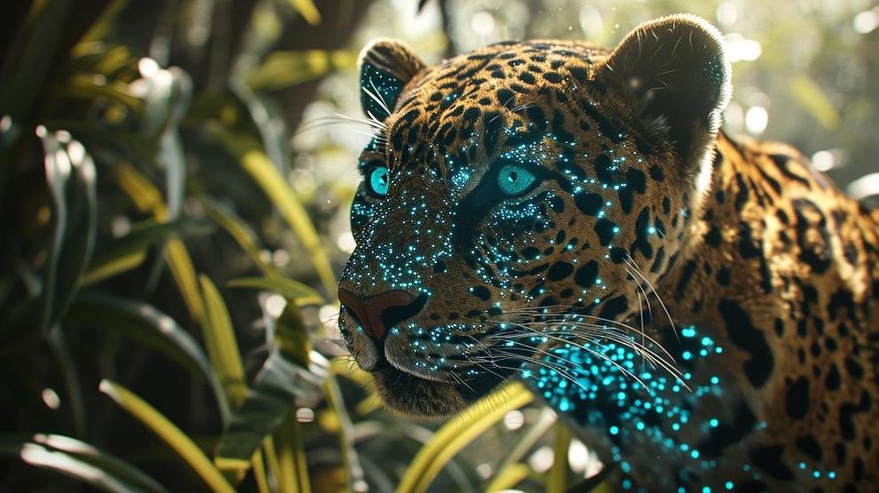 Illustration of blockchain technology supporting wildlife conservation with animals, NFTs, and digital tracking