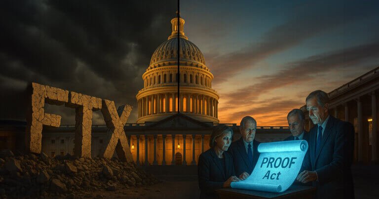 U.S. Capitol building with digital cryptocurrency icons overlay