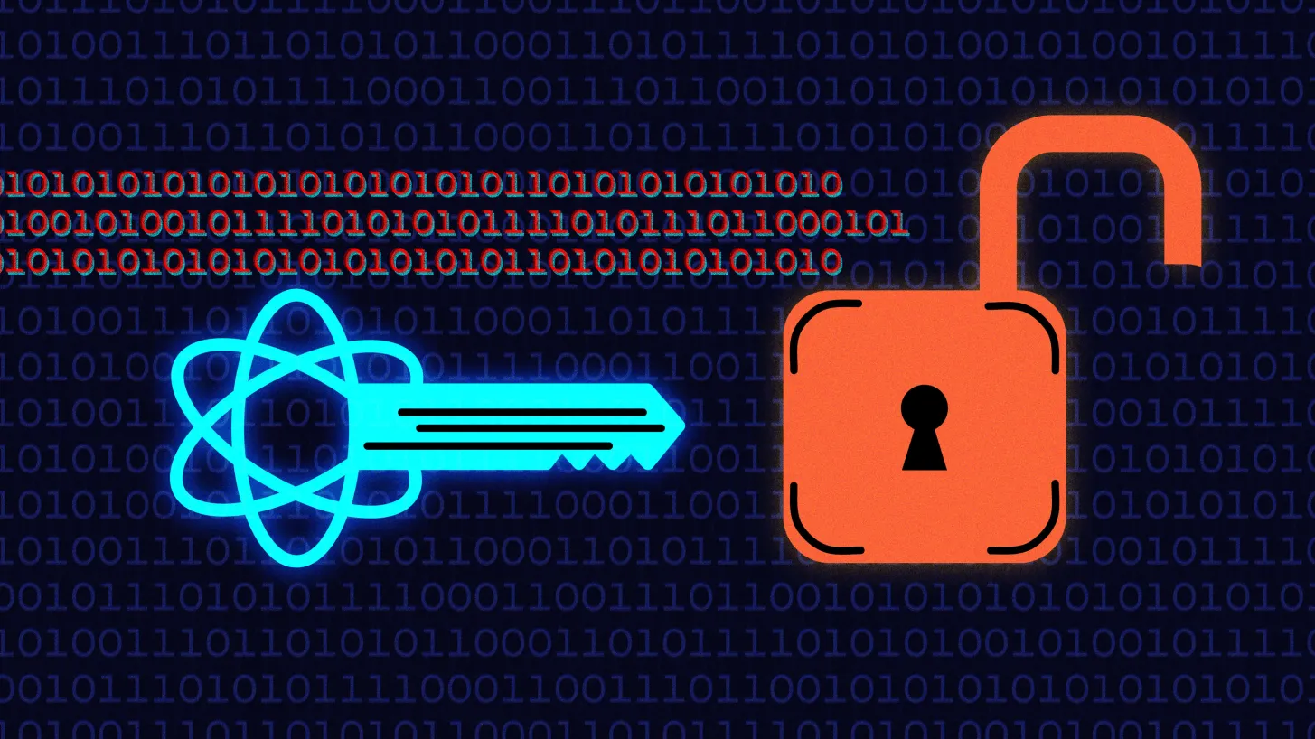 Illustration of quantum computer and blockchain secured with post-quantum cryptography
