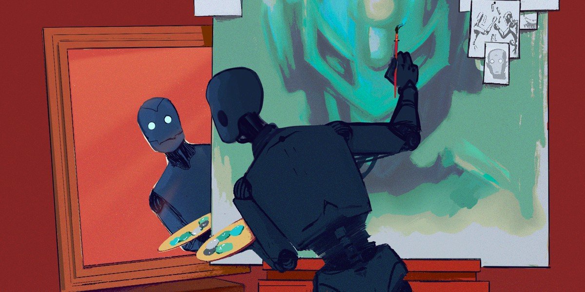 AI robot creating digital art with blockchain symbols in the background
