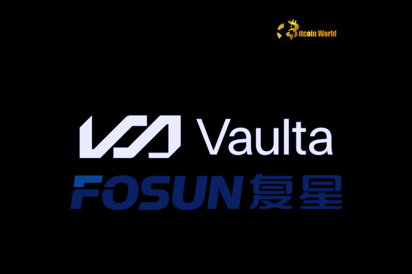 Vaulta and Fosun executives shaking hands at blockchain banking launch event in Hong Kong