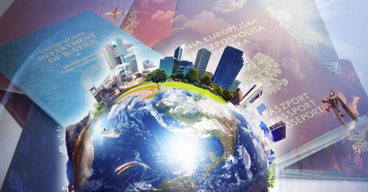 Digital nomad holding a blockchain-based visa token on a virtual passport interface.