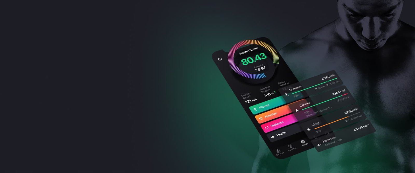 User checking a blockchain mental health app with wellness tokens and privacy shield icons.