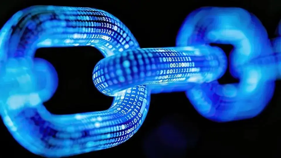 AI robot and blockchain icons connected by digital nodes, symbolizing the merge of artificial intelligence and crypto.